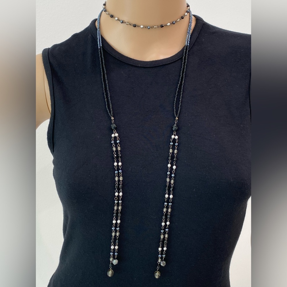Versatile Black/Silver/Gray Beaded Lariat Necklace - image 7